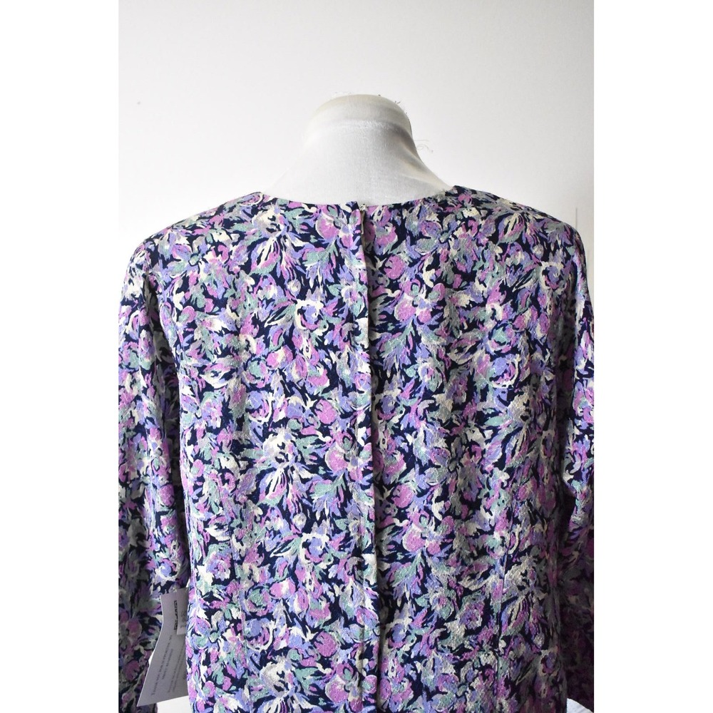 Vintage Floral Shift Dress Womens L Purple 80s Ruffle Hem Pockets Midi - Picture 5 of 8